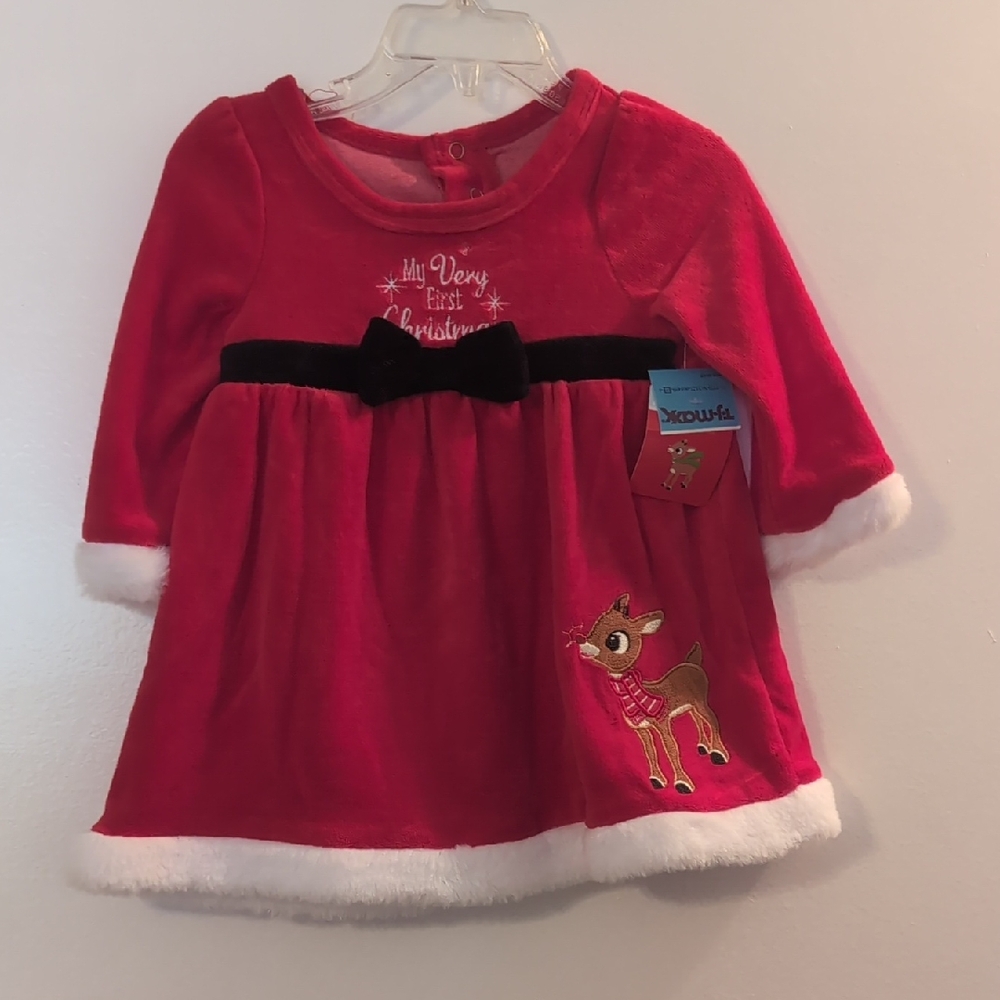 Red Christmas Dress with Rudolph The Red-Nosed Reindeer & Rudolph Plush Rattle